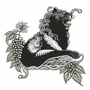 Dionysus holding thyrsus with grapevines wrapping head and panther emerging tattoo design idea