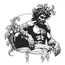 Dionysus holding thyrsus with grapevines wrapping head and panther emerging tattoo design idea