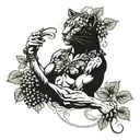 Dionysus holding thyrsus with grapevines wrapping head and panther emerging tattoo design idea