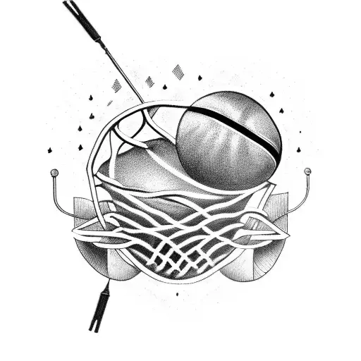 Design a tattoo featuring a group of friends playing basketball with drum and bass music notes in the background tattoo design idea