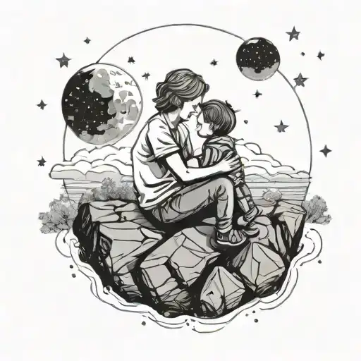 boy sitting with mom on a rock looking at the sky filled with stars tattoo design idea