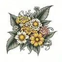 marigold, daisy, carnation bouquet tattoo design idea