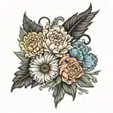marigold, daisy, carnation bouquet tattoo design idea