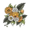marigold, daisy, carnation bouquet tattoo design idea