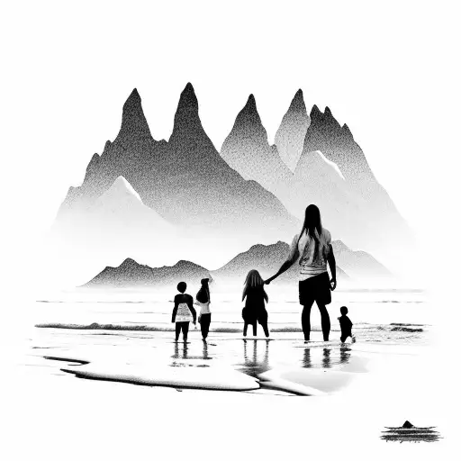 parents holding childrens on the beach looking at the mountains tattoo design idea