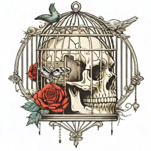 skull below a bird cage, a heart inside chained to the bars of the cage assimilating like if it's trying to get out  tattoo design idea