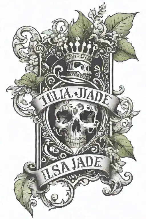 the name isla jade written on the king of hearts with an island and  jade plant on the front  tattoo design idea