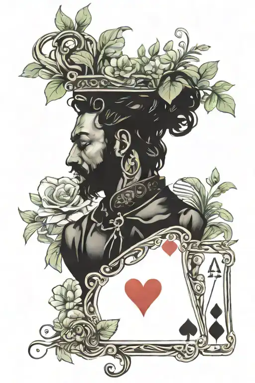 the name isla jade written on the king of hearts with an island and  jade plant on the front  tattoo design idea