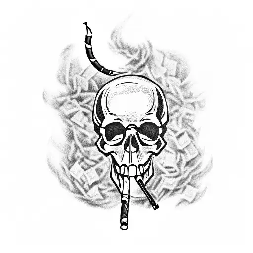 A skull smoking a cigar made out of dollar bills tattoo design idea