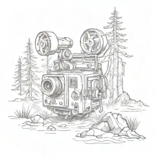 A sketch tattoo of a movie projector casting images of friends hiking in the wilderness with a soundtrack of their favorite music playing in the background tattoo design idea