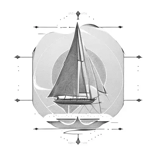 A civil engineer's blueprint of a sailing boat with sun rays as the background tattoo design idea