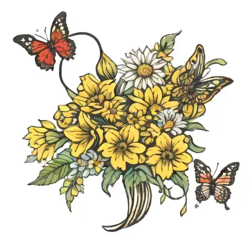 daffodils, chrysanthemum, daisy, and sunflower bouquet with red string ribbon and 2 butterflies above tattoo design idea