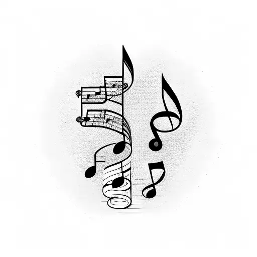 musical sheet scroll  with a tiara on top, the music notes circle downwards and turn into words tattoo design idea