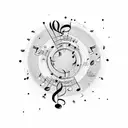 musical sheet scroll  with a tiara on top, the music notes circle downwards and turn into words tattoo design idea