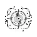 musical sheet scroll  with a tiara on top, the music notes circle downwards and turn into words tattoo design idea