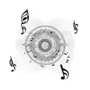 musical note sheet as a background, tiara on top, the music notes circle downwards and turn into words tattoo design idea