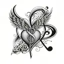 Louis Vuitton symbols sparadic, music notes flowing, broken heart with angel wings tattoo design idea