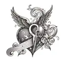 Louis Vuitton symbols sparadic, music notes flowing, broken heart with angel wings tattoo design idea