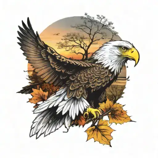 army  Eagle bright fall leaves and trees colors sunset over lake in distance in background tattoo design idea