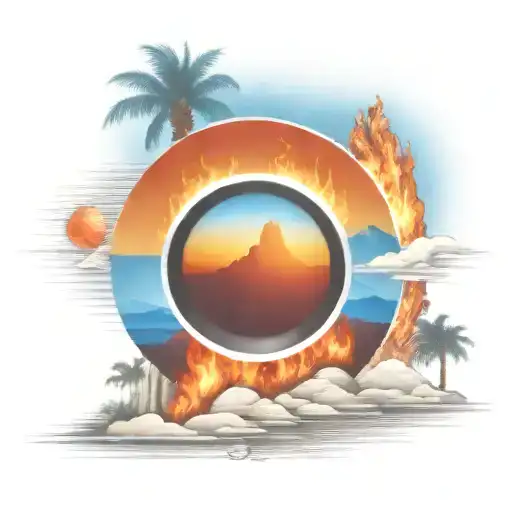 view though camera lens blue mountains rising Phoenix bird from fire sunrise to Texas palm tree desert sun  tattoo design idea