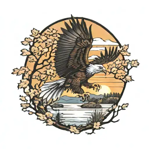 army Eagle bright fall oak tree colored leaves with sunset over lake in distance in background tattoo design idea