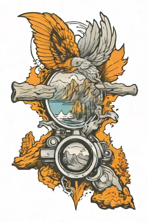 perspective change through a camera lens hiking mountains outside rising Phoenix inside tattoo design idea