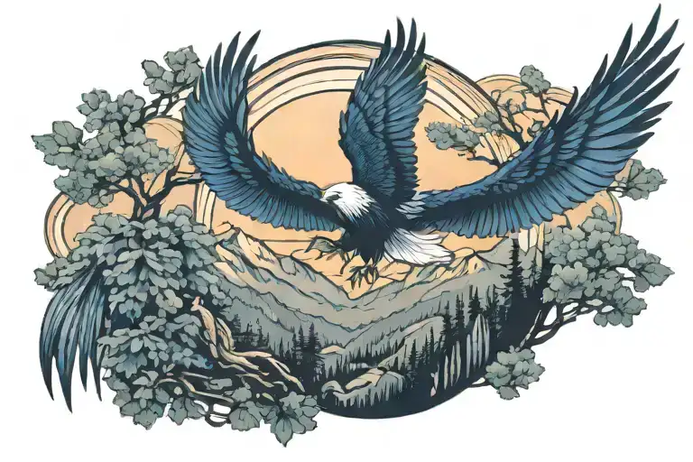 midnight blue mountains with forest trees background looking through lens to rising Phoenix wings spread bright sunrise tattoo design idea