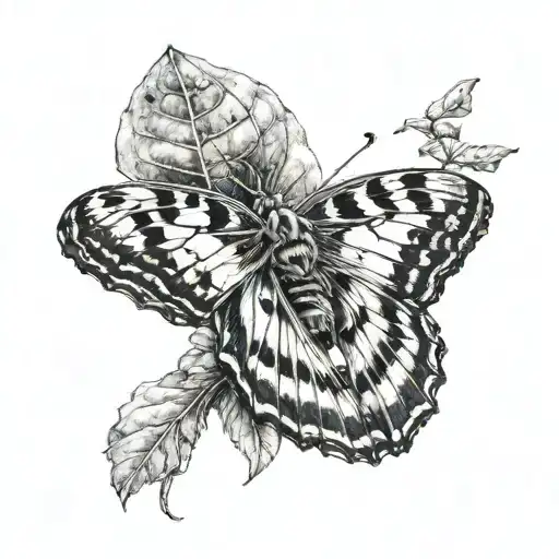 faded black and white caterpillar cocoon transitions into colorful butterfly wing tattoo design idea