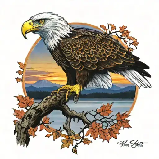 army Eagle fall oak tree colored leaves sunset over lake in distance tattoo design idea
