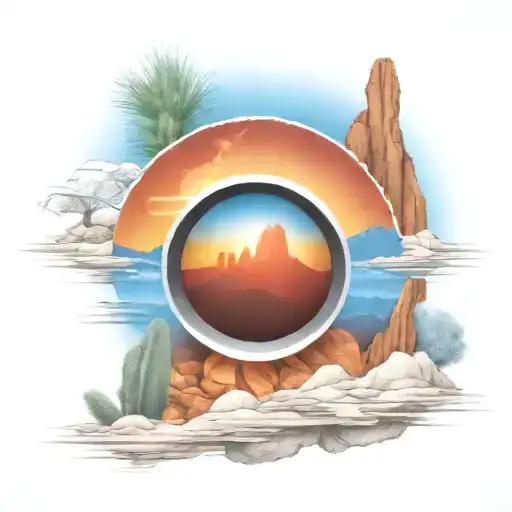 view though camera lens blue mountains rising Phoenix from fire sunrise to Texas cactus desert sun  tattoo design idea