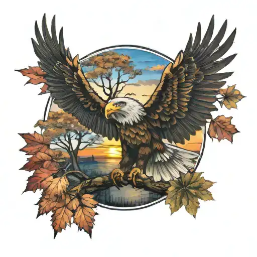 army Eagle fall oak tree colored leaves sunset over lake in distance tattoo design idea