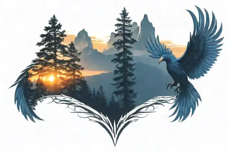 midnight blue mountains with forest trees background looking through lens to rising Phoenix wings spread bright sunrise tattoo design idea