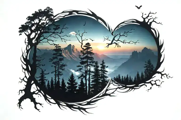 midnight blue mountains with forest trees looking through lens to rising Phoenix bird bright sunrise tattoo design idea