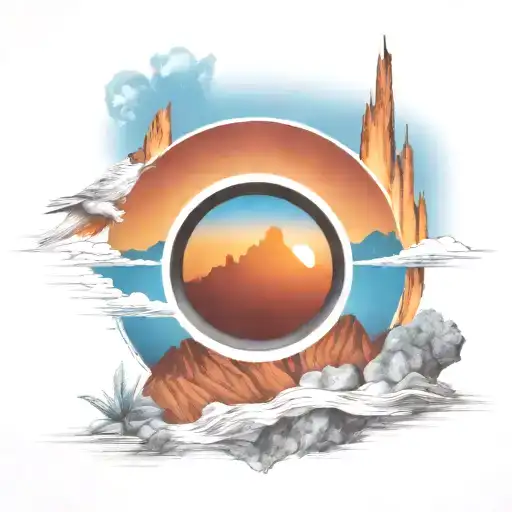 blue mountain view through camera lens to Texas rising Phoenix bird sunrise tattoo design idea