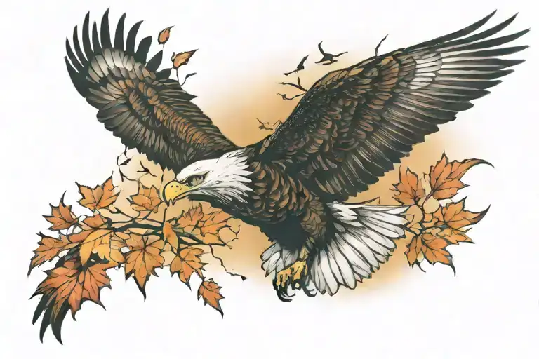 Eagle bright fall leaves and trees colors sunset over lake in distance in background tattoo design idea