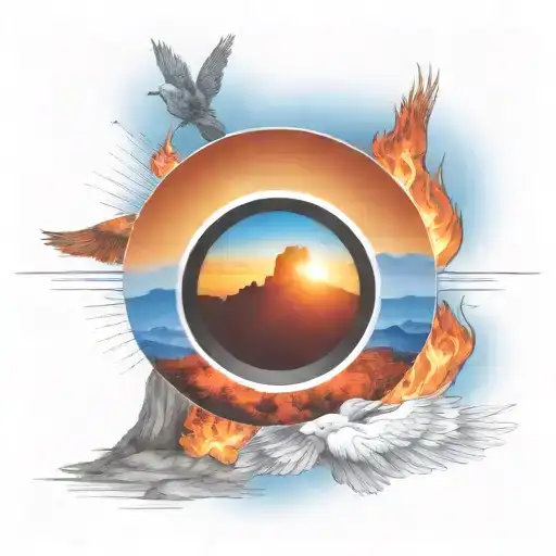 blue mountain view through camera lens to Texas rising Phoenix bird sunrise fire tattoo design idea