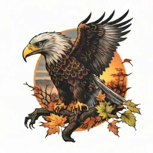 Eagle bright fall leaves and trees colors sunset over lake in distance in background tattoo design idea