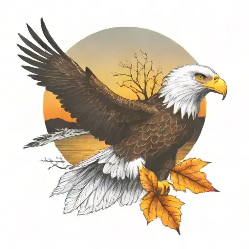 army  Eagle bright fall leaves and trees colors sunset over lake in distance in background tattoo design idea