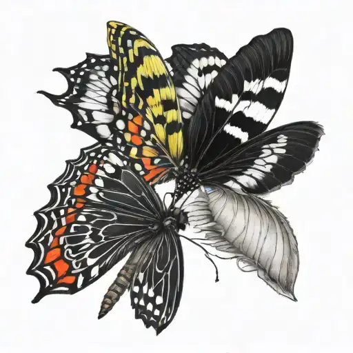 left half is small black and white caterpillar and right wing is big colorful butterfly  tattoo design idea
