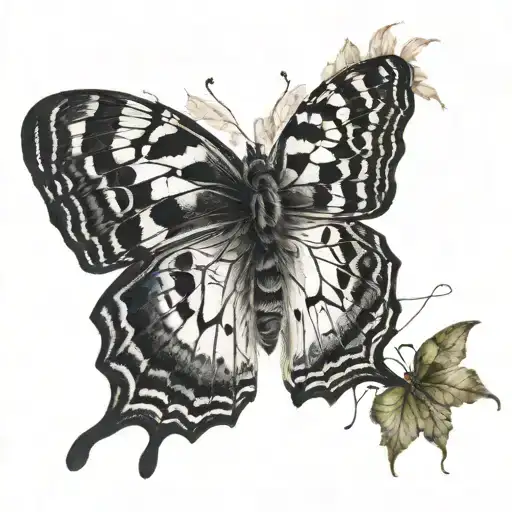 faded black and white caterpillar cocoon transitions into colorful butterfly wing tattoo design idea