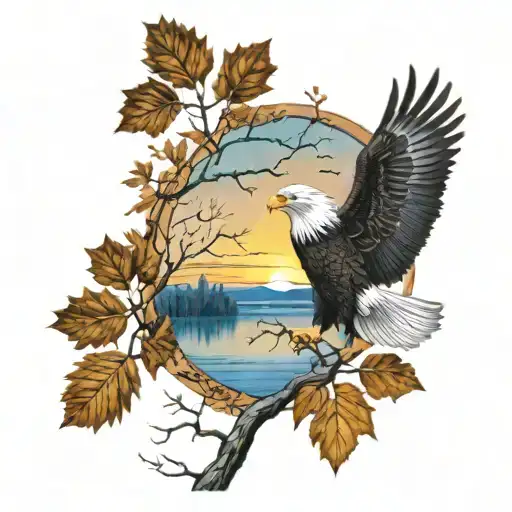 army Eagle fall oak tree colored leaves sunset over lake in distance tattoo design idea