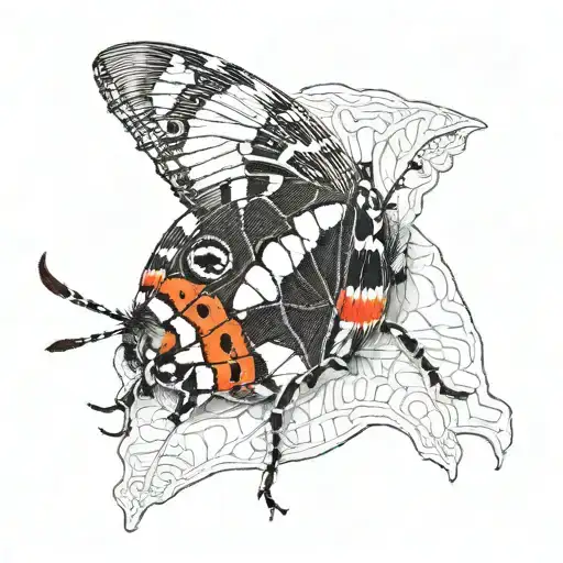 faded black and white caterpillar cocoon transitions into red admiral butterfly wing tattoo design idea