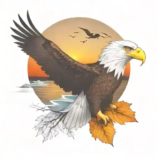 army  Eagle bright fall leaves and trees colors sunset over lake in distance in background tattoo design idea