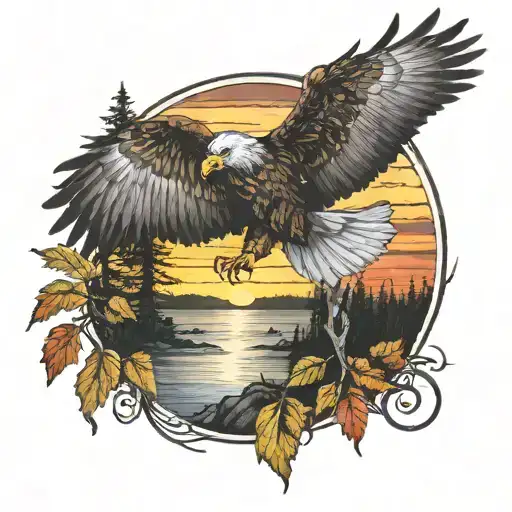 Eagle bright fall leaves and trees colors sunset over lake in distance in background tattoo design idea