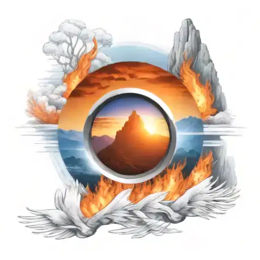 view though camera lens blue mountains rising Phoenix from fire sunrise tattoo design idea