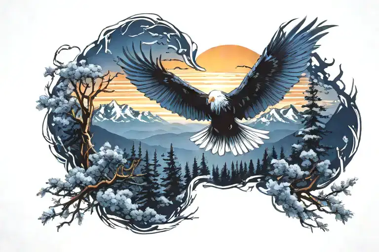 midnight blue mountains with forest trees background looking through lens to rising Phoenix wings spread bright sunrise tattoo design idea