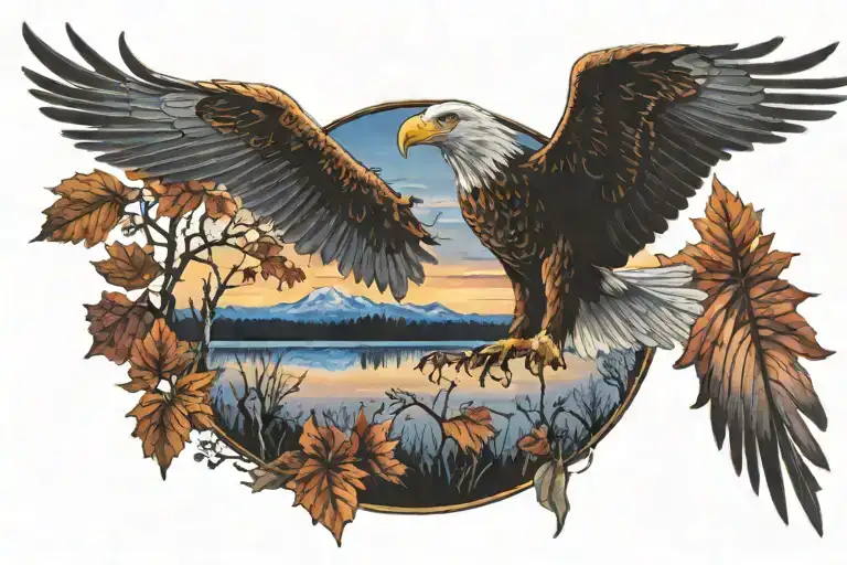 Eagle bright fall leaves and trees colors sunset over lake in distance in background tattoo design idea