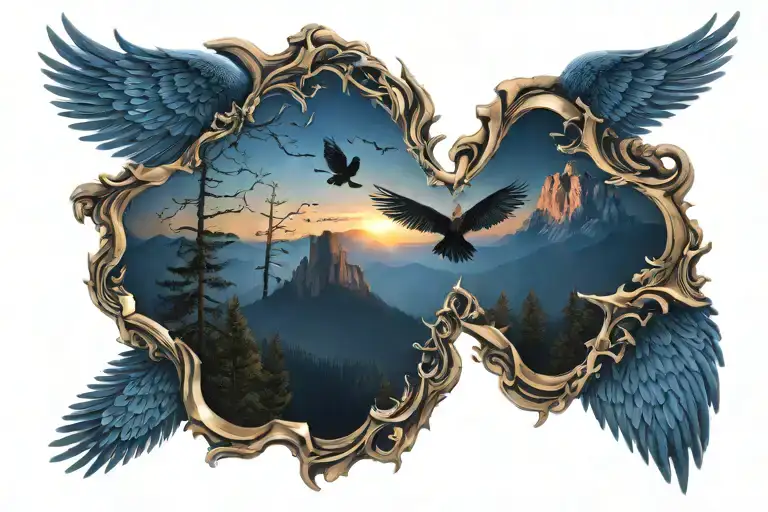 midnight blue mountains with forest trees background looking through lens to rising Phoenix wings spread bright sunrise tattoo design idea