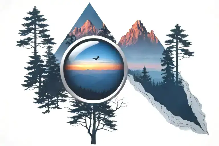 midnight blue mountain with forest trees looking through lens with rising Phoenix bird from fire sunrise tattoo design idea