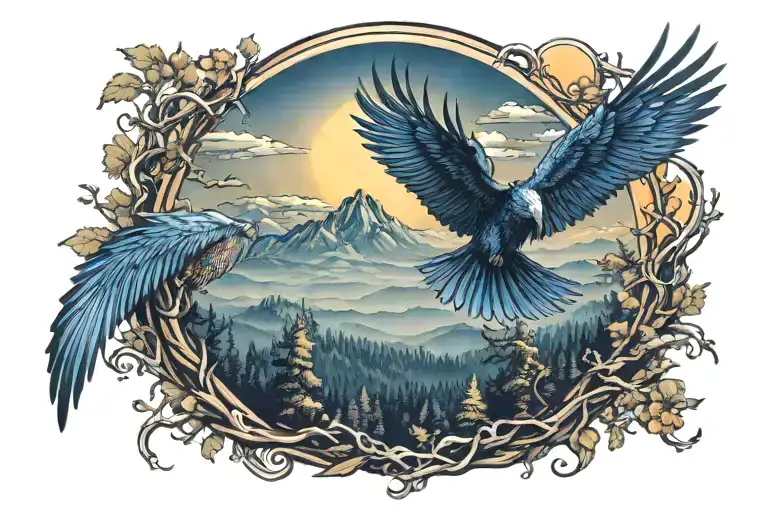 midnight blue mountains with forest trees background looking through lens to rising Phoenix wings spread bright sunrise tattoo design idea